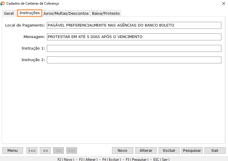 Configuração da Carteira de Cobrança