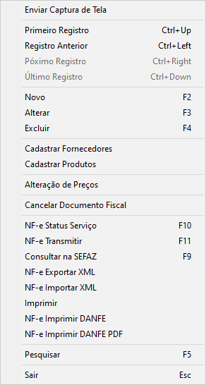 Menu de Notas de Entrada