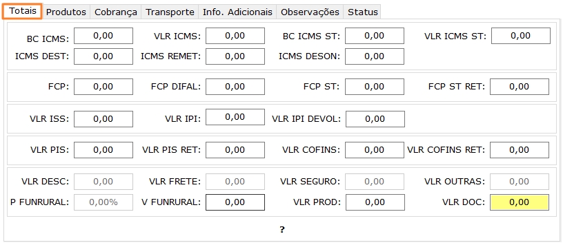 Nota de Entrada - Aba Totais