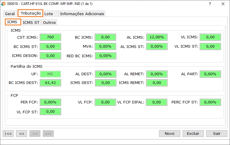 Detalhamento do Item - ICMS
