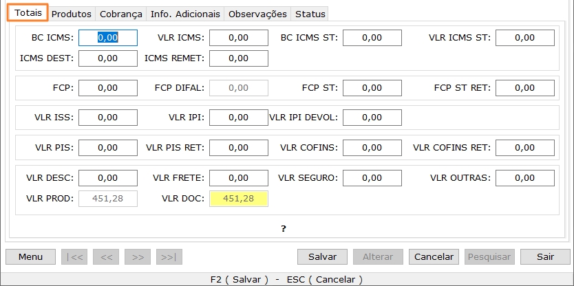 Nota de Saída - Aba Totais