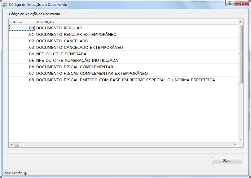 Cadastro Código da Situação do Documento - Passo 1