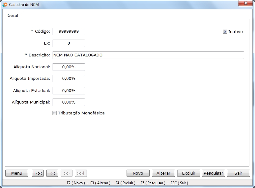 Cadastro de NCM - Passo 1
