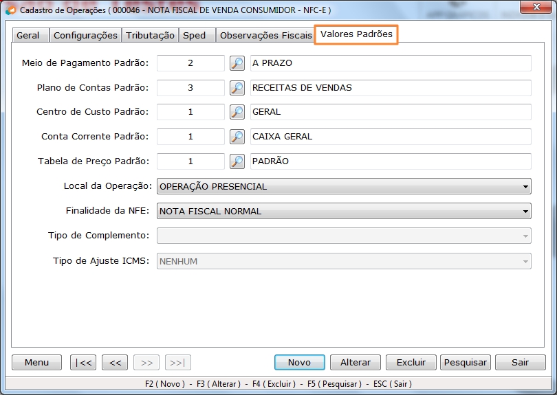 Cadastro de Operação Valores Padrão - Passo 6