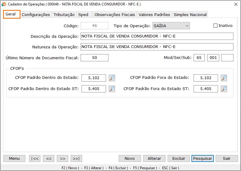 Cadastro de Operações - Passo 1