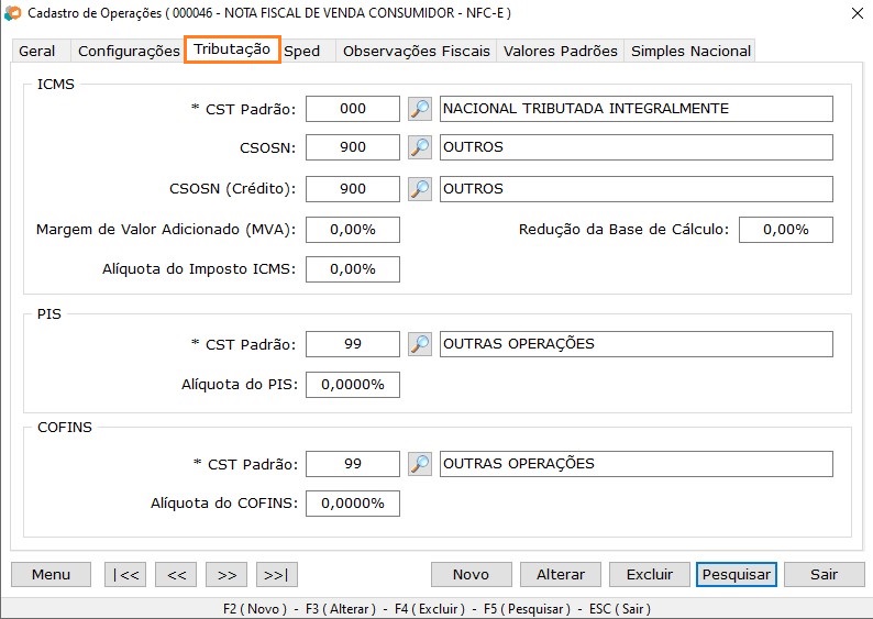 Cadastro de Operações Tributação - Passo 3