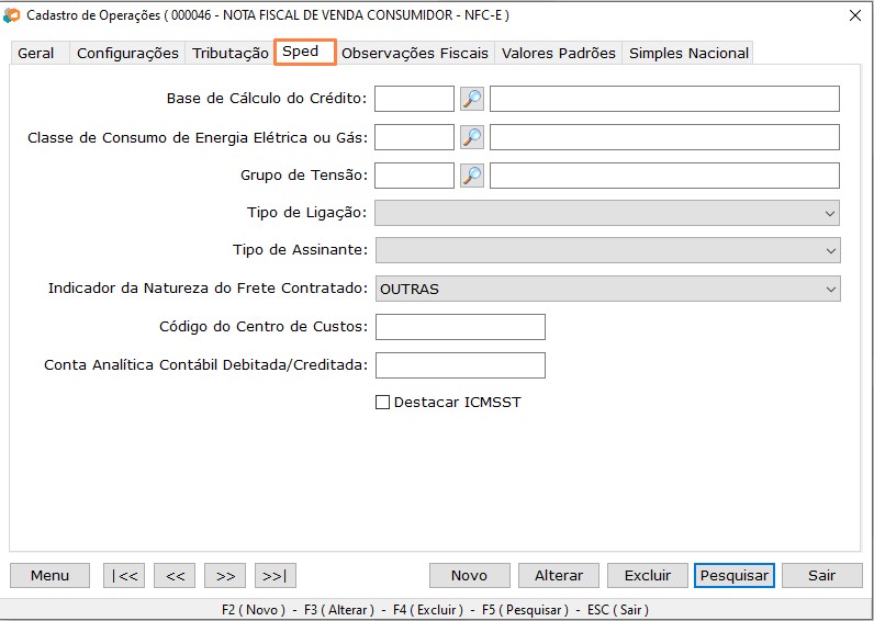 Cadastro de  Operação SPED - Passo 4