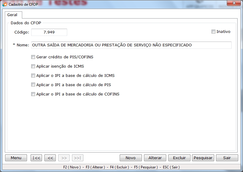 Cadastro de CFOP - Passo 1 