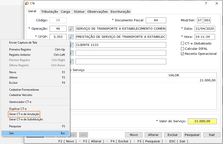 Gerando o CT-e de Anulação