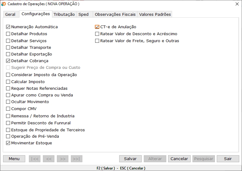 Configurando a Operação