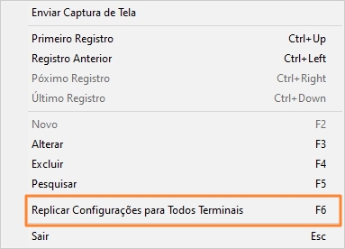 Menu da Tela de Cadastro de Terminais