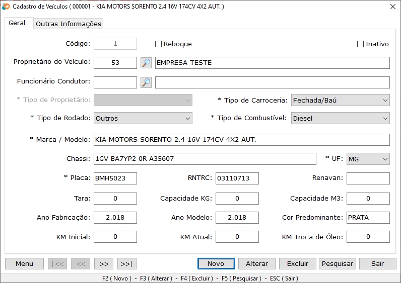 Cadastro do Veículo para transporte