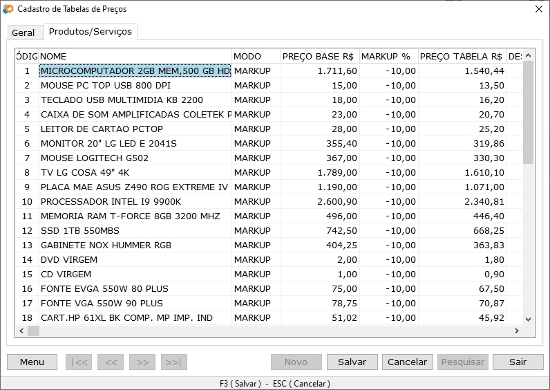 Produtos da tabela de preços