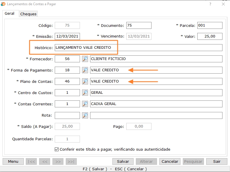 Lançar vale crédito
