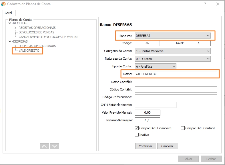 Plano de Contas Vale Crédito