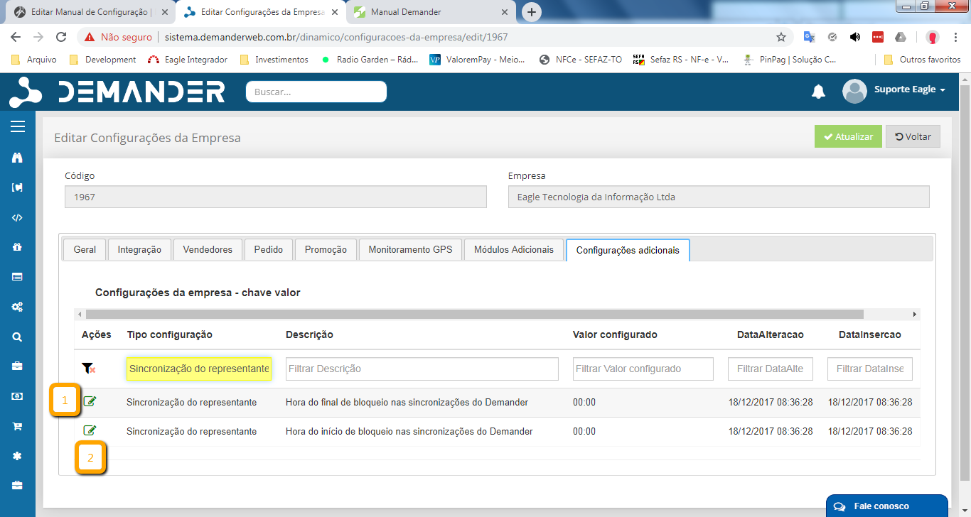 Aba configurações adicionais das configurações de empresas