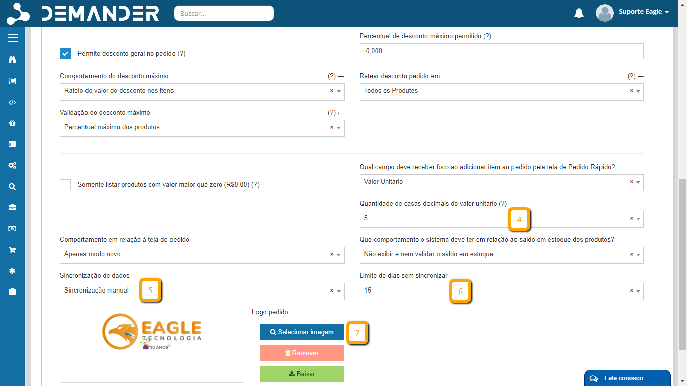 Aba pedido das configurações de empresas