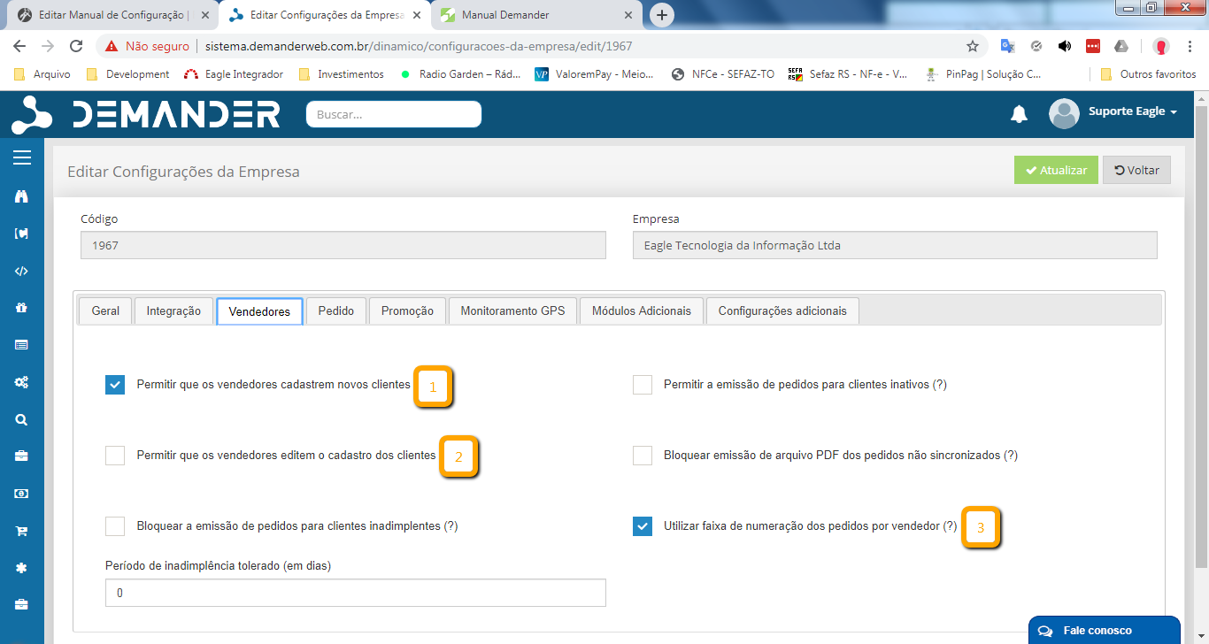 Aba vendedores das configurações de empresas