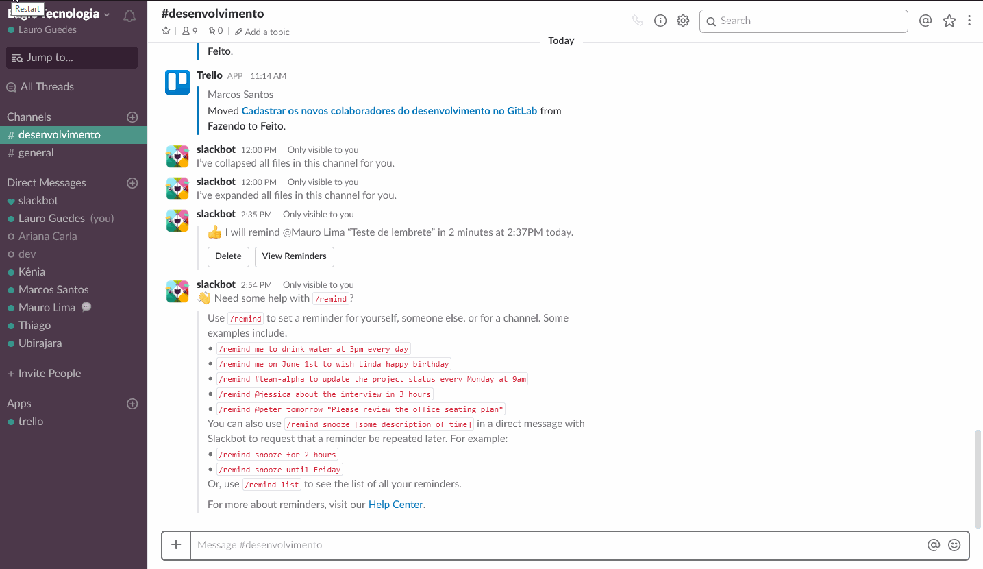 Criando lembrete no Slack