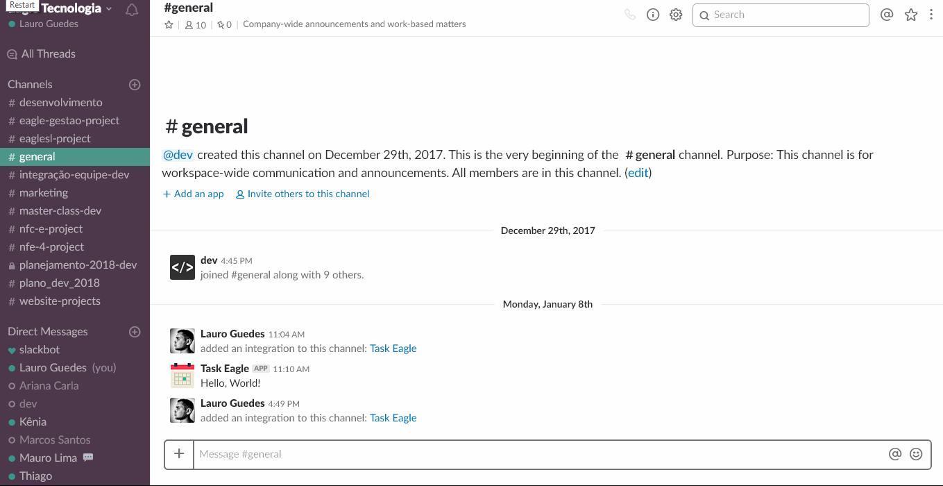 Enviando arquivos - Com o slack é possível enviar arquivos do computador e também direto do Google Drive, neste caso irá pedir para fazer a integração com sua conta do google. Dá enviar também pedaços de código formatado na opção Code Snippet.