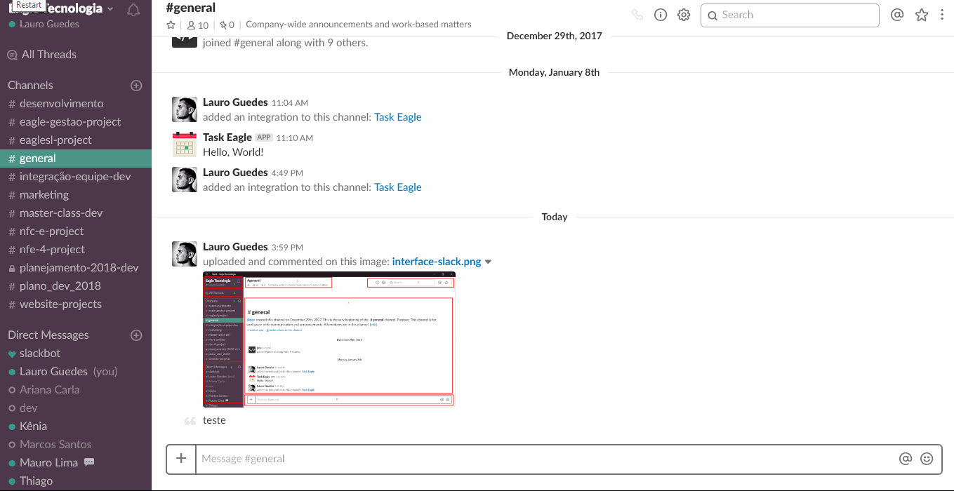 Opções de Mensagem - Em uma mensagem é possível realizar algumas ações como: Adicionar uma reação com emojis, responder a uma mensagem com réplicas(neste caso as mensagens irão aparecer como notificação na sessão `All Threads`), compartilhar a mensagem, colocá-la como favorito(elas irão ser filtradas caso clique no ícone de estrela perto da barra de busca), entre outras ações como deletar uma mensagem que você escreveu