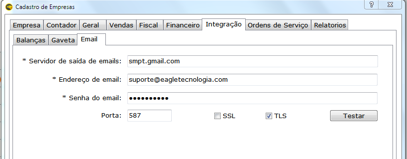 Tela de configuração de e-mail
