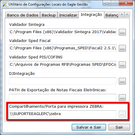 Inserir o caminho em Compartilhamento/Porta para impressora ZEBRA