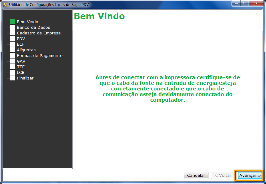 Tela inicial de configuração