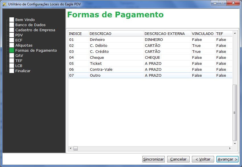 Formas de pagamento vinculadas